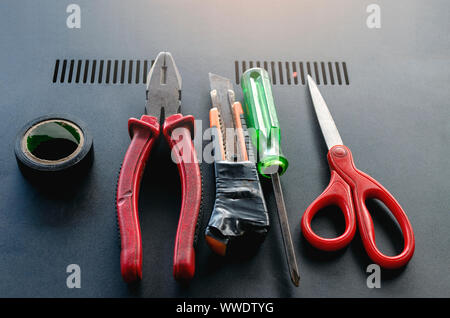 Set of Used electrical tools Professional for technician on top view on modern background Stock Photo