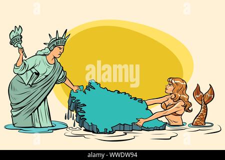 Caricature. USA and Denmark are pulling Greenland. American statue of liberty vs. Danish mermaid. comic cartoon pop art retro vector illustration draw Stock Vector