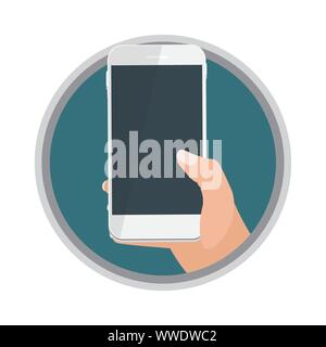 Hand holding mobile phone icon isolated on white background. Vector Illustration Stock Vector