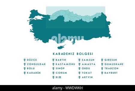 Map of the Black Sea region of Turkey ( Turkish Karadeniz bolgesi, Zonguldak, Duzce, Karabuk, Bolu, Corum,Tokat, Amasya, Gumushane, Bayburt,Artvin, Ri Stock Vector