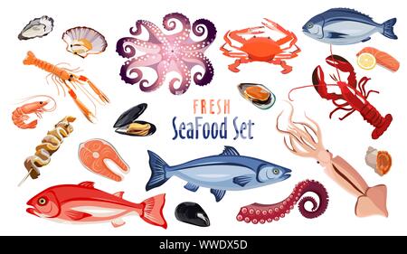 Fresh seafood icon set, products for restaurant or cafe design Stock Vector