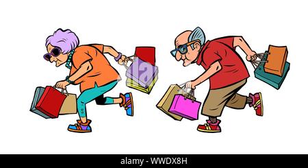 Elderly couple grandparents with shopping. Comic cartoon pop art retro vector illustration drawing Stock Vector