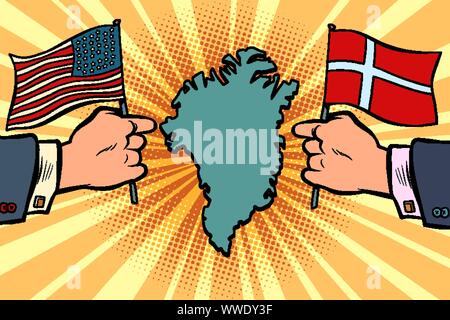USA v. Denmark, dispute over Greenland. Hands of politicians with national flags. comic cartoon pop art retro vector illustration drawing Stock Vector