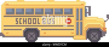 Pixel art 8 bit illustration - yellow children school bus isolated Stock Vector