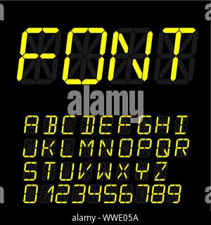 digital font signs made up from sixteen segments on dark background. Retro alphabet Stock Vector