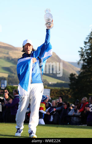 Team Europe captain Catriona Matthew with the trophy after winning the 2019 Solheim Cup at Gleneagles Golf Club, Auchterarder. Stock Photo