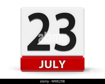 Red and white calendar icon from cubes - The Twenty Third of July - on a white table - World Whale and Dolphin Day, three-dimensional rendering, 3D il Stock Photo