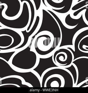 black seamless pattern of waves and abstract shapes for printing on fabric and wrapping paper Stock Vector