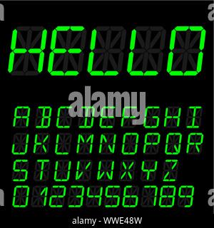 digital font signs made up from sixteen segments on dark background. Retro alphabet Stock Vector