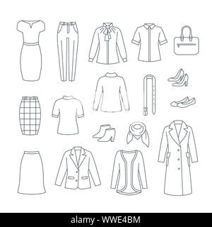 Business woman basic clothes and shoes set. Vector flat thin line icons. Office formal dress code outfit. Simple outline pictograms of dress, skirt, j Stock Vector