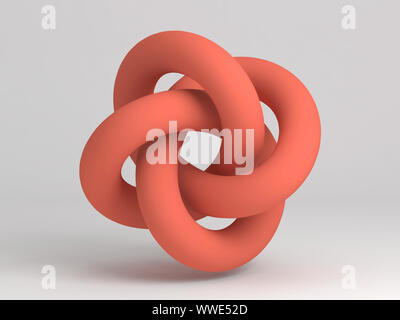 Geometric representation of a torus knot. Abstract red object on white background. 3d rendering illustration Stock Photo