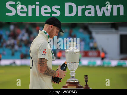 London, UK. 15th Sep, 2019. England player of the tournament Ben Stokes walks past the ashes urn and trophy during day four of the 5th Specsavers Ashes Test Match, at The Kia Oval Cricket Ground, London, England. Credit: ESPA/Alamy Live News Stock Photo