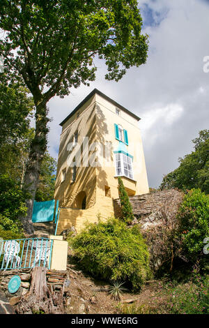 Portmeirion, UK: September 01, 2019: A holiday apartment building in the village of Portmeirion - an Italianate style village on the coast of Wales. Stock Photo