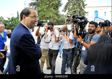 Marsa city, Tunis. 15th Sep, 2019. Youssef Chahid prime Minister condidates to the 2019 presidential elections at the polling station at the Abderrahmen Mami school at the Marsa City in Tunis during the first round of the presidential election in Tunisia this Sunday, September 15th. Credit: Chokri Mahjoub/ZUMA Wire/Alamy Live News Stock Photo