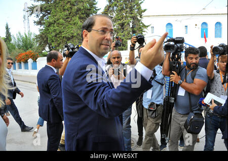 Marsa city, Tunis. 15th Sep, 2019. Youssef Chahid prime Minister condidates to the 2019 presidential elections at the polling station at the Abderrahmen Mami school at the Marsa City in Tunis during the first round of the presidential election in Tunisia this Sunday, September 15th. Credit: Chokri Mahjoub/ZUMA Wire/Alamy Live News Stock Photo