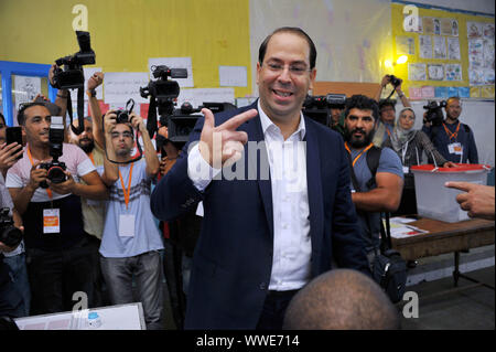 Marsa city, Tunis. 15th Sep, 2019. Youssef Chahid prime Minister condidates to the 2019 presidential elections at the polling station at the Abderrahmen Mami school at the Marsa City in Tunis during the first round of the presidential election in Tunisia this Sunday, September 15th. Credit: Chokri Mahjoub/ZUMA Wire/Alamy Live News Stock Photo