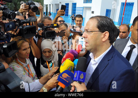 Marsa city, Tunis. 15th Sep, 2019. Youssef Chahid prime Minister condidates to the 2019 presidential elections at the polling station at the Abderrahmen Mami school at the Marsa City in Tunis during the first round of the presidential election in Tunisia this Sunday, September 15th. Credit: Chokri Mahjoub/ZUMA Wire/Alamy Live News Stock Photo