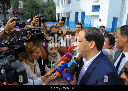 Marsa city, Tunis. 15th Sep, 2019. Youssef Chahid prime Minister condidates to the 2019 presidential elections at the polling station at the Abderrahmen Mami school at the Marsa City in Tunis during the first round of the presidential election in Tunisia this Sunday, September 15th. Credit: Chokri Mahjoub/ZUMA Wire/Alamy Live News Stock Photo