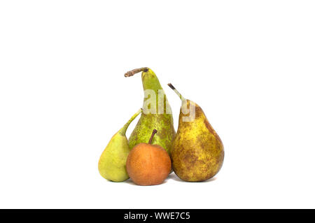 Organic fresh pears of different kinds and sizes in group isolated on white background. Varieties of pears: Nashi or asian pear, Bartlett, Bosc... Stock Photo