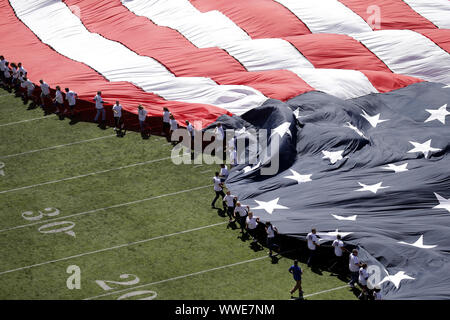 September 8, 2019, East Rutherford, New Jersey, USA: New York Jets fans  waving Jets flags during a NFL game between the Buffalo Bills and the New  York Jets at MetLife Stadium in