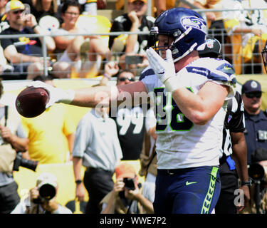 Pittsbugh, United States. 15th Sep, 2019. Seattle Seahawks tight end Will Dissly (88) celebrates his touchdown in the second quarter against the Pittsburgh Steelers at Heinz Field in Pittsburgh on Sunday, Sept 15, 2019. Photo by Archie Carpenter/UPI Credit: UPI/Alamy Live News Stock Photo