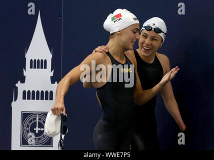 Portugal's Susana Veiga and Great Britain's Toni Shaw after the Women's 50m Freestyle S9 Final during day seven of the World Para Swimming Allianz Championships at The London Aquatic Centre, London. Stock Photo