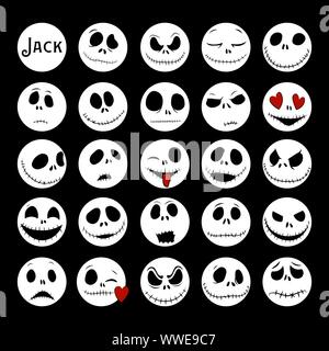 Vector Collection of Halloween Faces. The nightmare before christmas. halloween jack faces silhouettes. Jack Skellington. Stock Vector