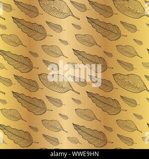 Seamless pattern with philodendron and banana tree leaves or feathers. Doodle sketch. Black outlines on golden background. Trendy texture for digital paper, fabric, decorative backdrops, christmas wrapping. Vector illustration. EPS10 Stock Vector
