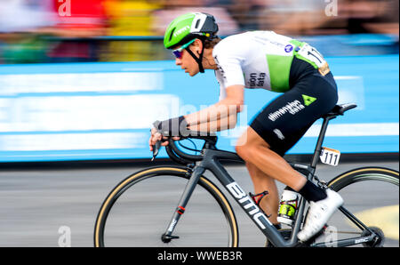Madrid, Spain. 15th September, 2019. Louis Mentjes (Team Dimension Data) rides during the 21th stage of the cycling race 'La Vuelta a España' (Tour of Spain) between Fuenlabrada and Spain on September 15, 2019 in Madrid, Spain. © David Gato/Alamy Live News Stock Photo