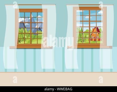 Set of cartoon wooden window view with white curtains in flat style. Stock Vector