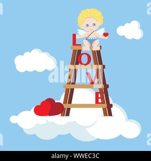 Vector cute cupid boy sitting on the stairs with heart Stock Vector