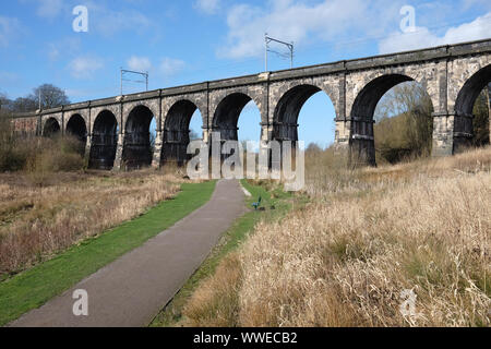 Sankey Viaduct, the world's oldest railway viaduct, on the Liverpool and Manchester Railway, which opened in 1830. Stock Photo