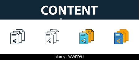 Content icon set. Four simple symbols in diferent styles from smm icons collection. Creative content icons filled, outline, colored and flat symbols Stock Vector