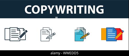 Copywriting icon set. Four simple symbols in diferent styles from smm icons collection. Creative copywriting icons filled, outline, colored and flat Stock Vector