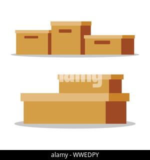 Set of empty closed brown paper cardboard boxes. Stock Vector