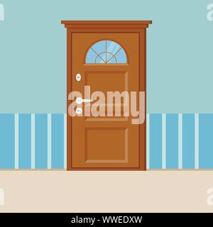 Wooden closed door with frame isolated on wall. Stock Vector