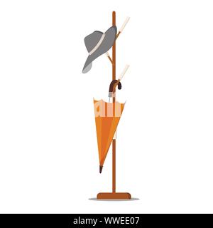 Wooden floor coat rack - hanger for cothes with hat and umbrella. Stock Vector