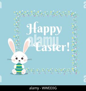 Greeting card with sweet white easter bunny rabbit with color easter egg. Stock Vector