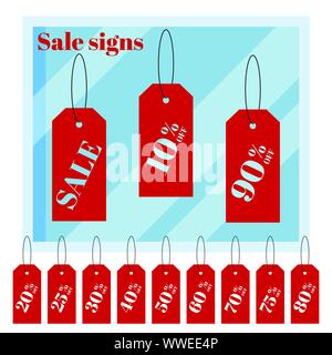 Set of isolated red iscount price labels tags on white background with cartoon flat shop window. Stock Vector