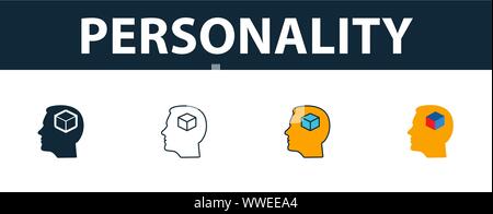 Personality icon set. Four simple symbols in diferent styles from soft skills icons collection. Creative personality icons filled, outline, colored Stock Vector