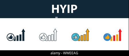 Hyip icon set. Four simple symbols in diferent styles from smm icons collection. Creative hyip icons filled, outline, colored and flat symbols Stock Vector