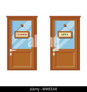 Set of wooden doors with glass, door handle, open and closed business signs. Stock Vector