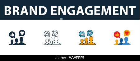 Brand Engagement icon set. Four simple symbols in diferent styles from smm icons collection. Creative brand engagement icons filled, outline, colored Stock Vector