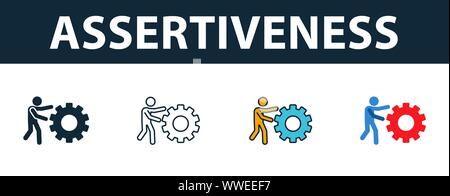 Assertiveness icon set. Four simple symbols in diferent styles from soft skills icons collection. Creative assertiveness icons filled, outline Stock Vector