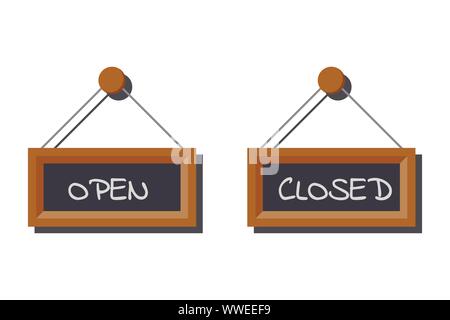 Image set of various open and closed business signs on slate board written in chalk. Stock Vector