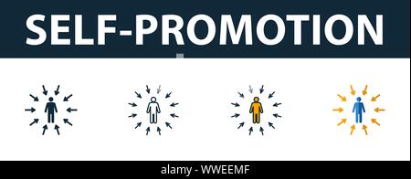 Self-Promotion icon set. Four simple symbols in diferent styles from soft skills icons collection. Creative self-promotion icons filled, outline Stock Vector