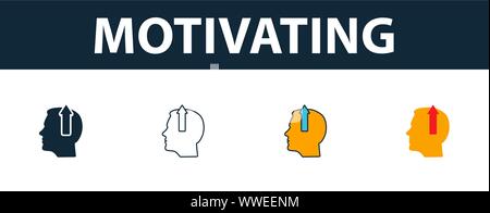 Motivating icon set. Four simple symbols in diferent styles from soft skills icons collection. Creative motivating icons filled, outline, colored and Stock Vector