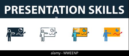 Presentation Skills icon set. Four simple symbols in diferent styles from soft skills icons collection. Creative presentation skills icons filled Stock Vector