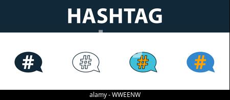 Hashtag icon set. Four simple symbols in diferent styles from smm icons collection. Creative hashtag icons filled, outline, colored and flat symbols Stock Vector