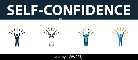 Self-Confidence icon set. Four simple symbols in diferent styles from soft skills icons collection. Creative self-confidence icons filled, outline Stock Vector